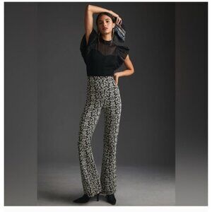 Anthropologie Damask Print Pants High-Rise Flare Stretch Medium Black White